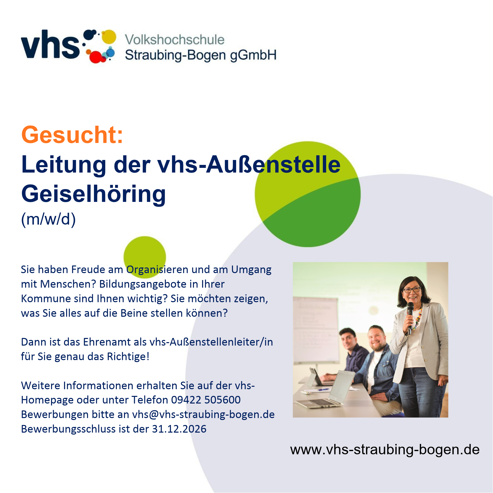 Gesucht: Leitung der vhs-Außenstelle Geiselhöring